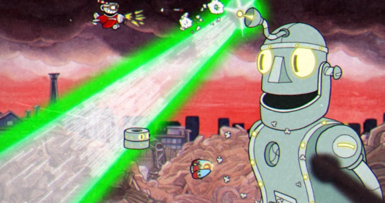 Robot del Dr. Kahl - Cuphead. Con múltiples fases, ataques variados y velocidad implacable pone a prueba la coordinación y el eflejo de los jugadores La fase de la bomba gigante es especialmente intensa, este lo hace uno de los jefes más difíciles en Cuphead.