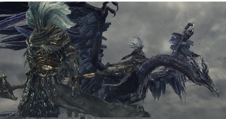 The Nameless King - Dark Souls III. La batalla tiene 2 fases brutales. Primero lo enfrenta montado en su dragón que escupe fuego y rayos desde el cielo, en la segunda fase desciende con su lanza para un duelo directo con ataques rápidos y devastadores.