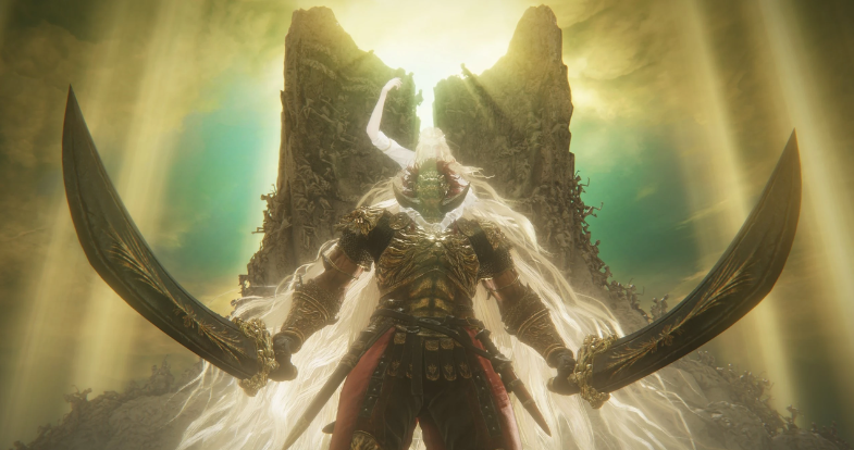 Consorte Radahn - Elden Ring (Shadow of the Erdtree). Potenciado por Miquella, Radahn vuelve con todo su poder restaurado para dominar el campo de batalla. Sus combos son imparables con una agresividad extrema que te obliga a replantear cualquier estrategia para derrotarlo.
